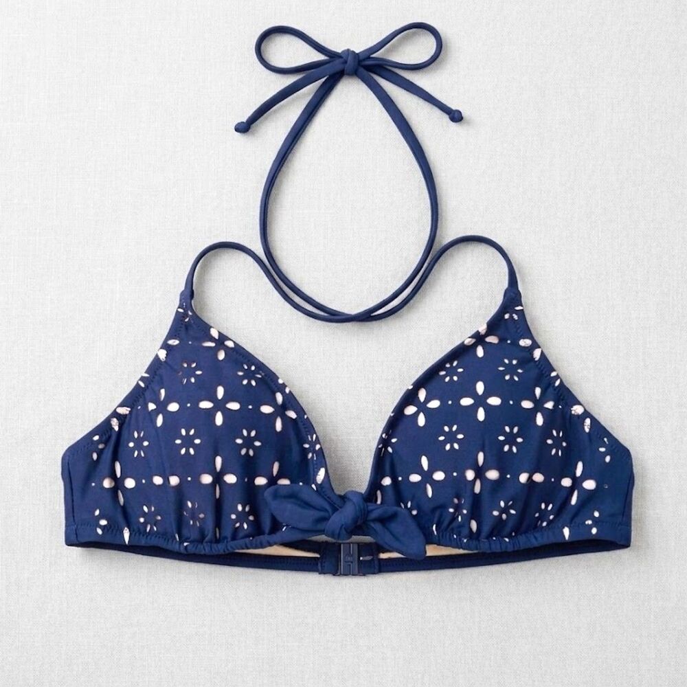 NWT J. Crew Navy Blue Eyelet Halter Bikini Top M Laser Cut Nautical Coastal